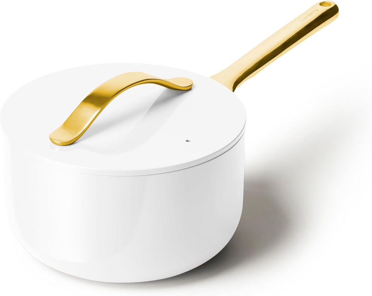 Caraway Nonstick Ceramic Sauce Pan with Lid (3 qt) - Non Toxic, PTFE & PFOA Free - Oven Safe & Compatible with All Stovetops (Gas, Electric & Induction) - White