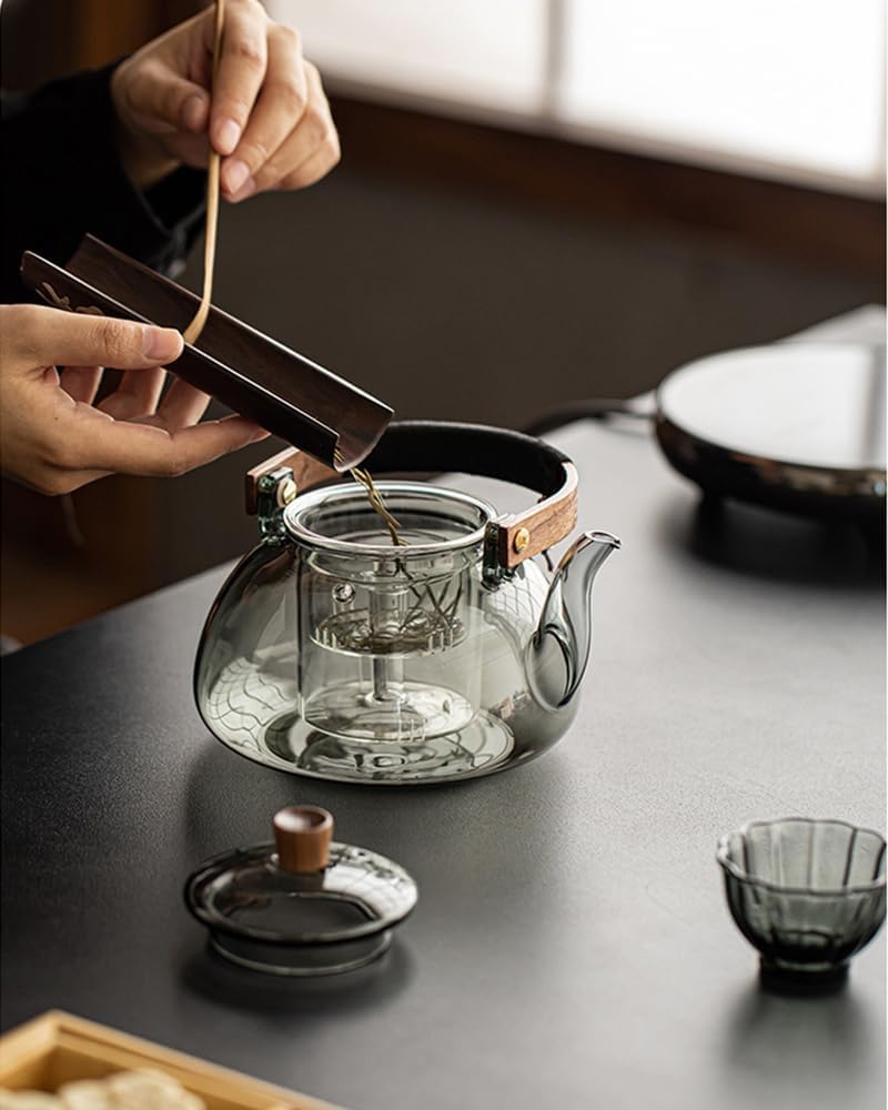 ZENATION Japanese Style 950ml Glass Teapot with Removable Infuser, Stovetop Safe Tea Kettle, Blooming and Loose Leaf Tea Maker Set (Gray)