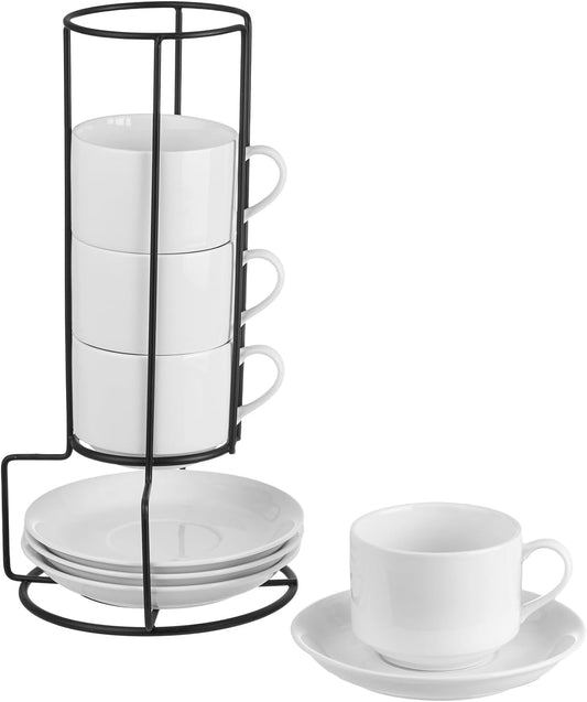 YOLIFE 8oz Porcelain Stackable Cappuccino Cups with Saucers and Metal Stand Set of 4, Coffee cups for Espresso, Specialty Coffee Drinks, Latte, Americano and Tea - White