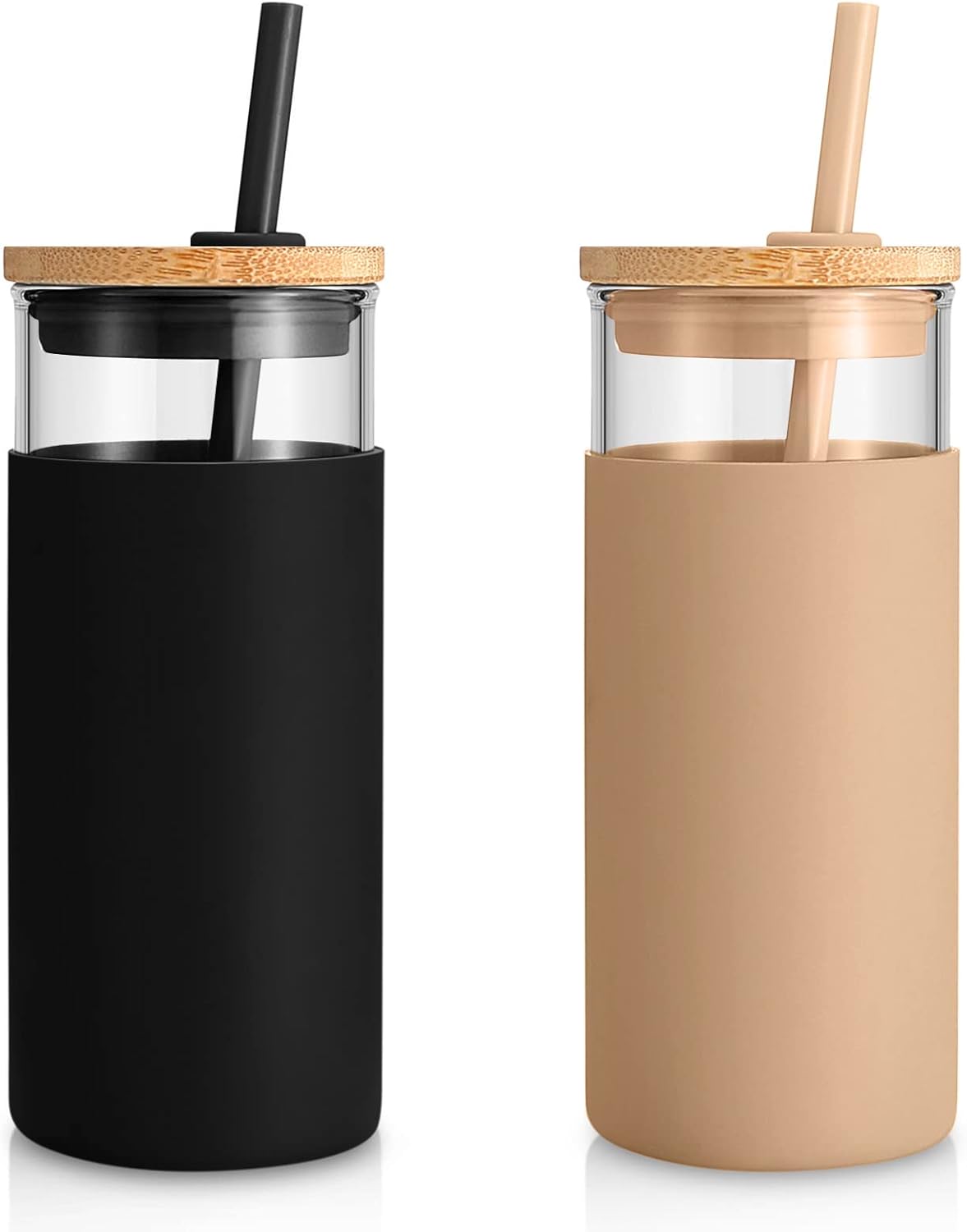 Tronco 20 oz Glass Tumbler Glass Water Bottle Straw Silicone Protective Sleeve Bamboo Lid - BPA Free (Black Amber /2pack)