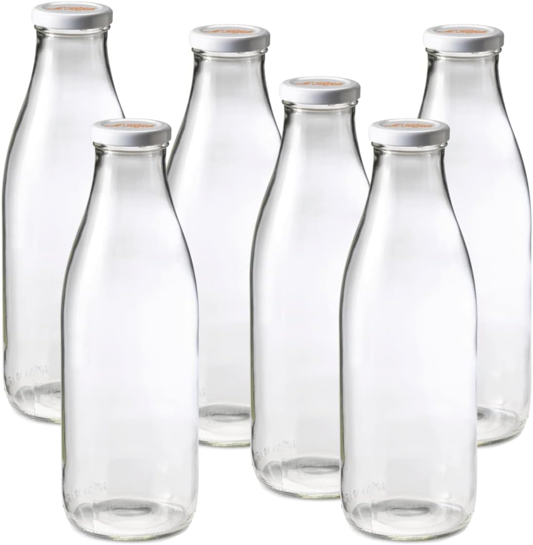 Le Parfait Bottles French Glass Milk Bottle with 48mm Printed Logo Airtight Metal Twist Cap | Used for Smoothie, Water Bottle, Preserved Tomato Sauce & other Soups| 32oz (Pack of 6) 1 Liter