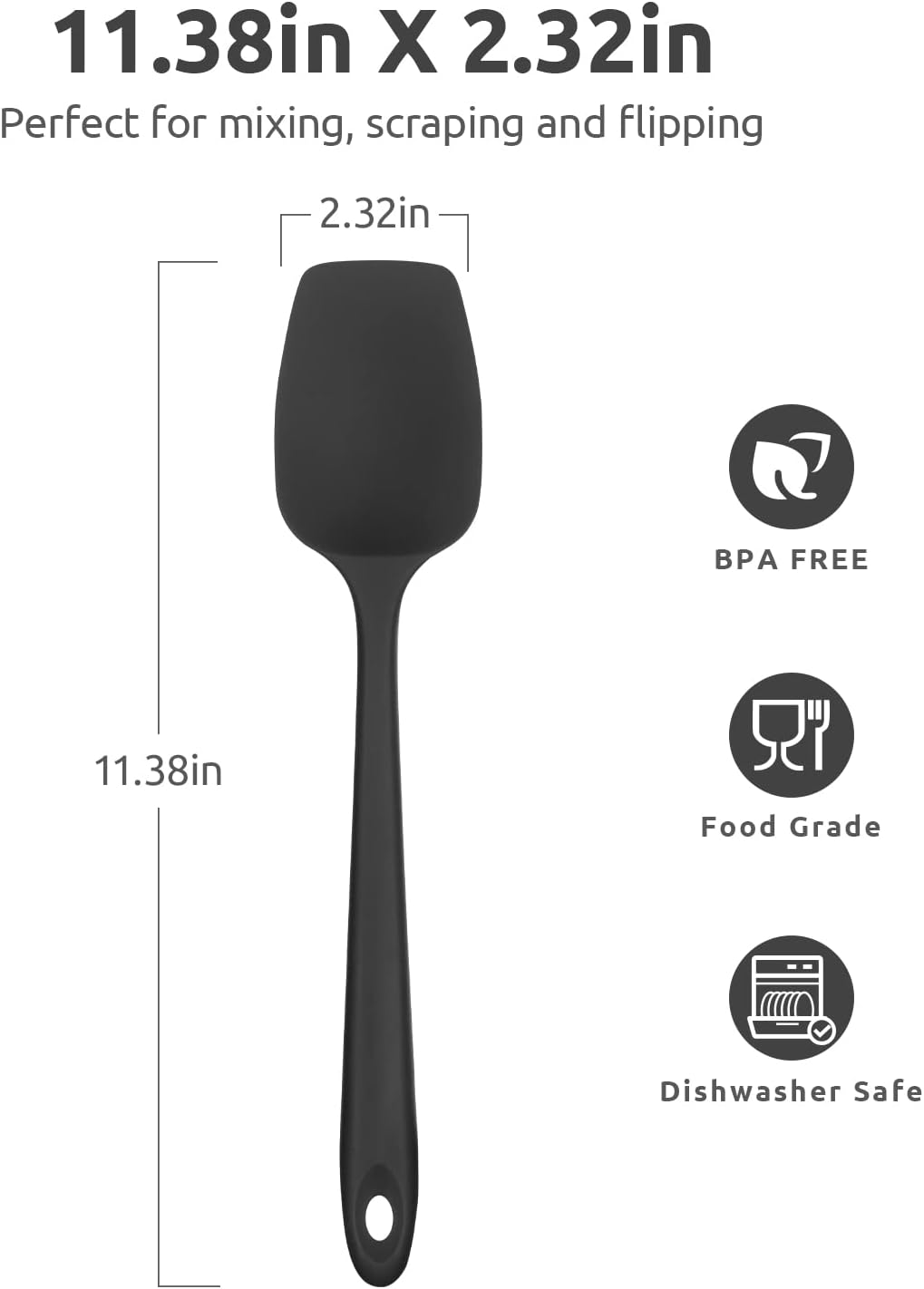 Heat Resistant Silicone Spoon Spatula: U-Taste 600ºF High Heat Flexible 11.38in Silicon Mixing Stirring Cooking Scraping Baking Bowl Scraper Seamless Spreader for Kitchen Nonstick Cookware (Black)