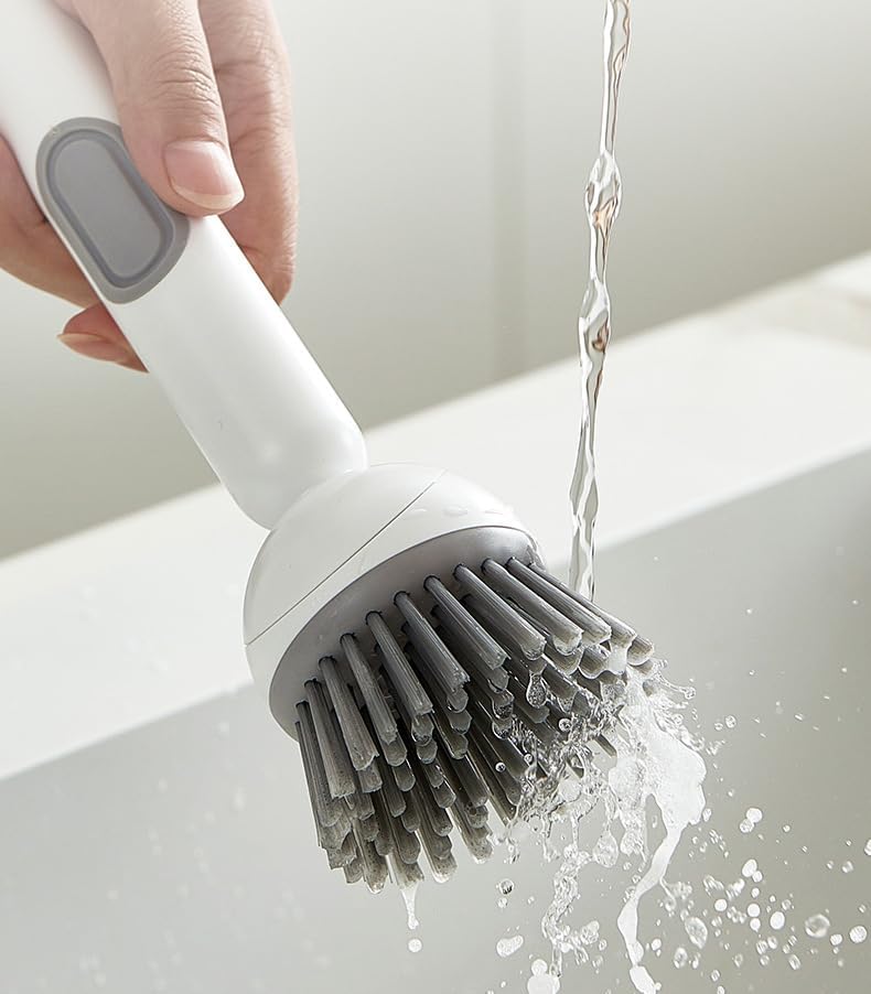 Adjustable Cleaning Brush with Liquid Dispenser, 2025 New Kitchen Dish Scrubber Brushes with Handle, Upgrade 6-Level Adjustable Dish Scrubber for Kitchen Cleaning Everyday Use (Green+Grey)