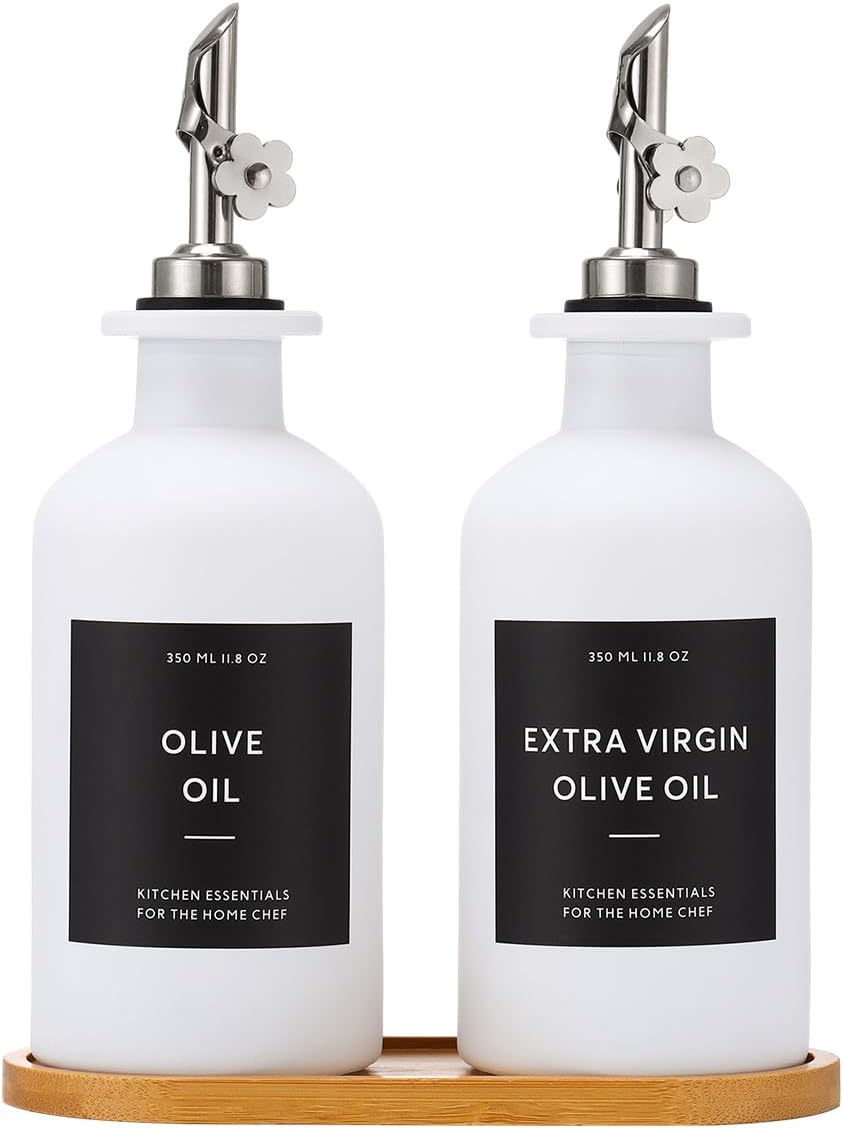 HOMCDALY Olive Oil Dispenser for Kitchen, 11.8oz Glass kitchen Dispenser Bottle, White Oil&Vinegar Cruet Set, Leakproof Oil Bottle for Cooking| Set of 2 (11.8oz – White)
