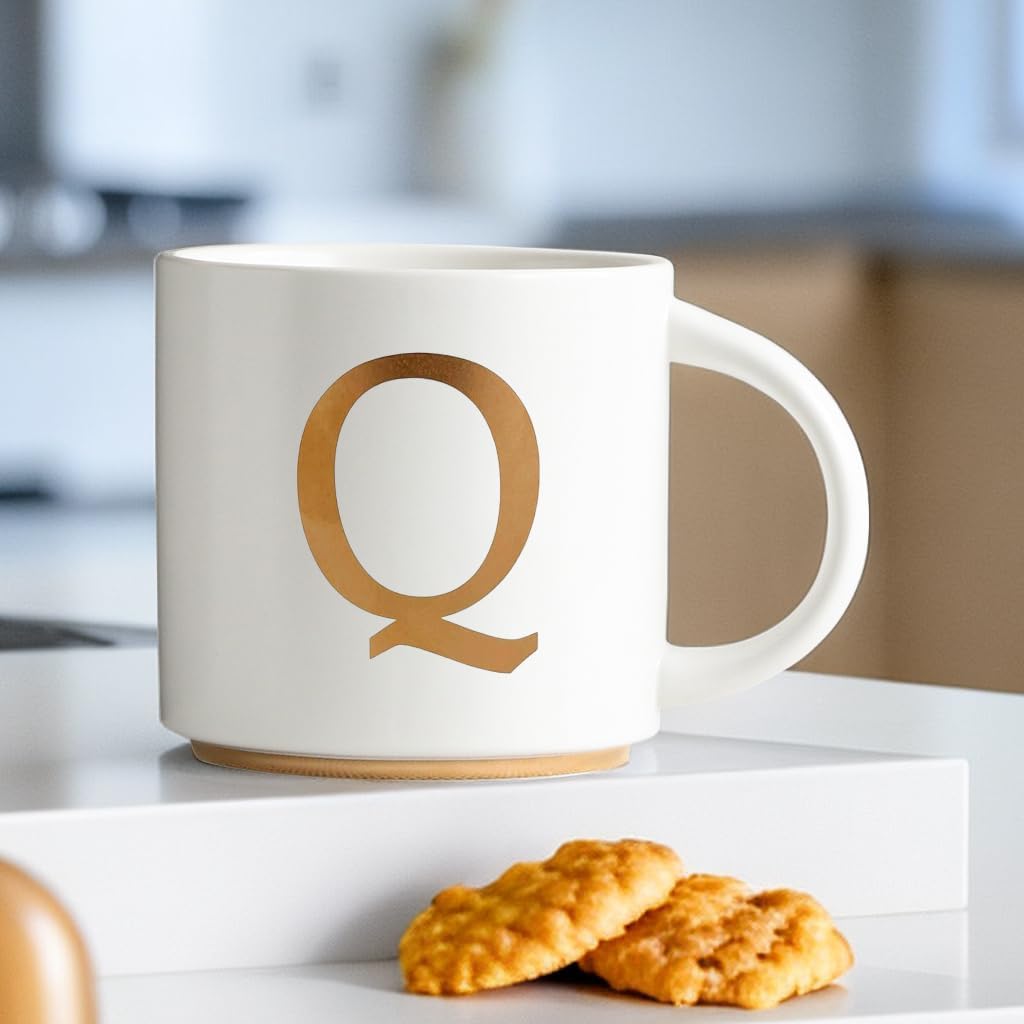 COLLECTIVE HOME - Monogram Ceramic Mugs, 15 oz Golden Initial Coffee Cups, Elegant Alphabet Tea Mugs, Elegant Personalized Mug with Gift Box, Unique Mug with Double Side Capital Letter (Q)