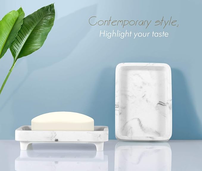 Luxspire Soap Dish Tray, Double Layer Draining Sponge Holder, Detachable Container Box for Bathroom Shower, Kitchen Sink Dish - White Marble