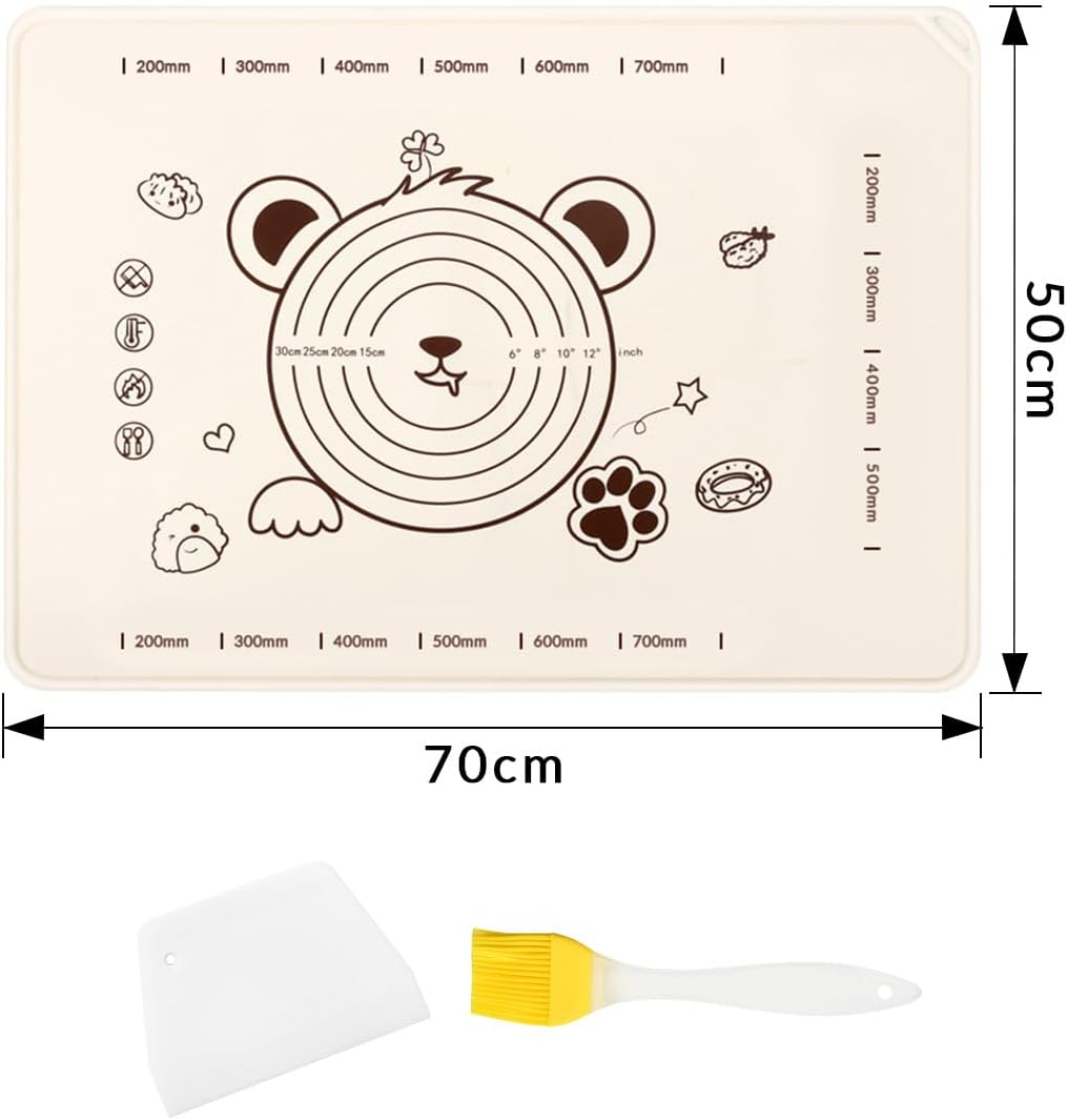 Little Bear Pastry Mat Set:Silicone Pastry Mat with Cake Scraper Rolling Pin Pastry Brush for Baking (standard, count, 3)