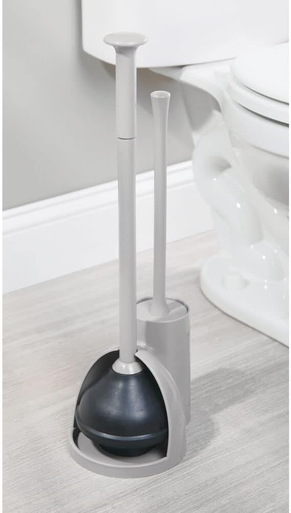 mDesign Hidden Plunger and Brush Set for Toilet Bowl - Brush Cleaner and Plunger Combo with Holder Caddy for Bathroom - Modern Toilet Brush and Plunger Set - Aura Collection - Light Gray