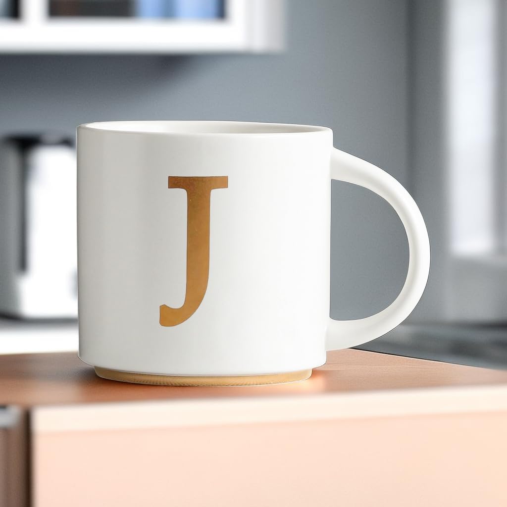COLLECTIVE HOME - Monogram Ceramic Mugs, 15 oz Golden Initial Coffee Cups, Elegant Alphabet Tea Mugs, Elegant Personalized Mug with Gift Box, Unique Mug with Double Side Capital Letter (J)