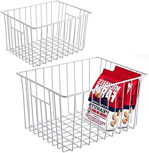 Slideep Fridge Freezer Baskets, Wire Storage Organizer Basket, Household Refrigerator Bin with Built-in Handles for Cabinets, Pantry, Closets, Bedrooms White - Set of 2