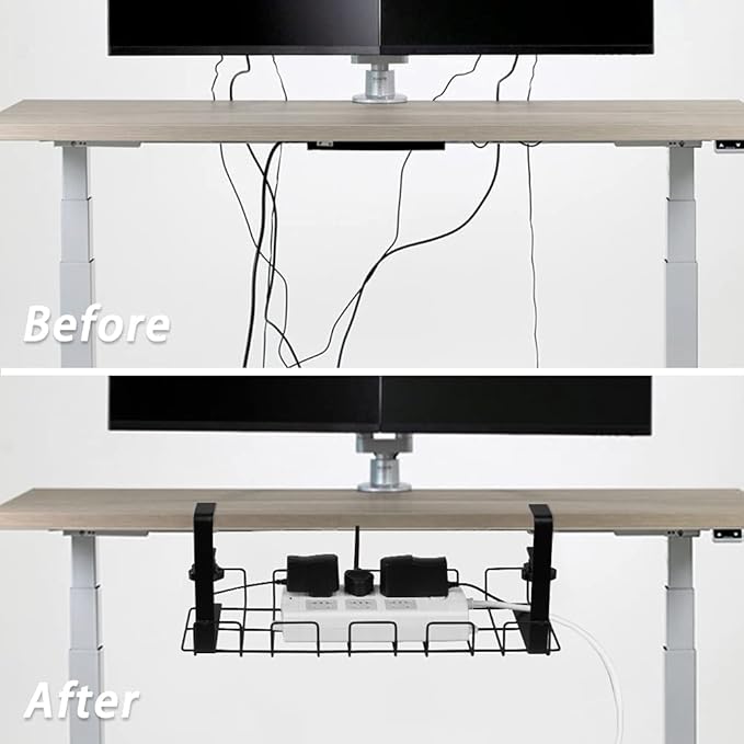 Under Desk Cable Management Trays 2 Pack, 16" Clamp Mounted Cord Organizer Holder Wire Organization No Drill Holes Needed for Computer Home Office Standing Tables to Conceal Power Strips