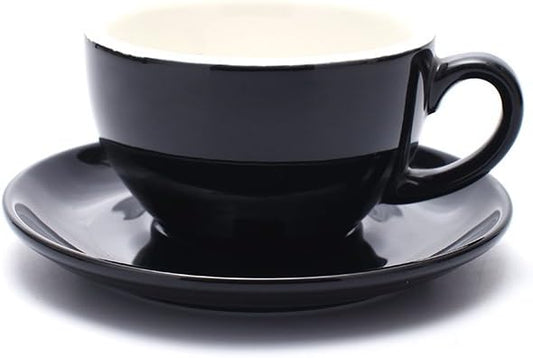 Latte Art Cup and Saucer for Latte & Cappuccino New Bone China, Mate for Coffee Shop and Barista (Glossy Black, 10.5 oz)