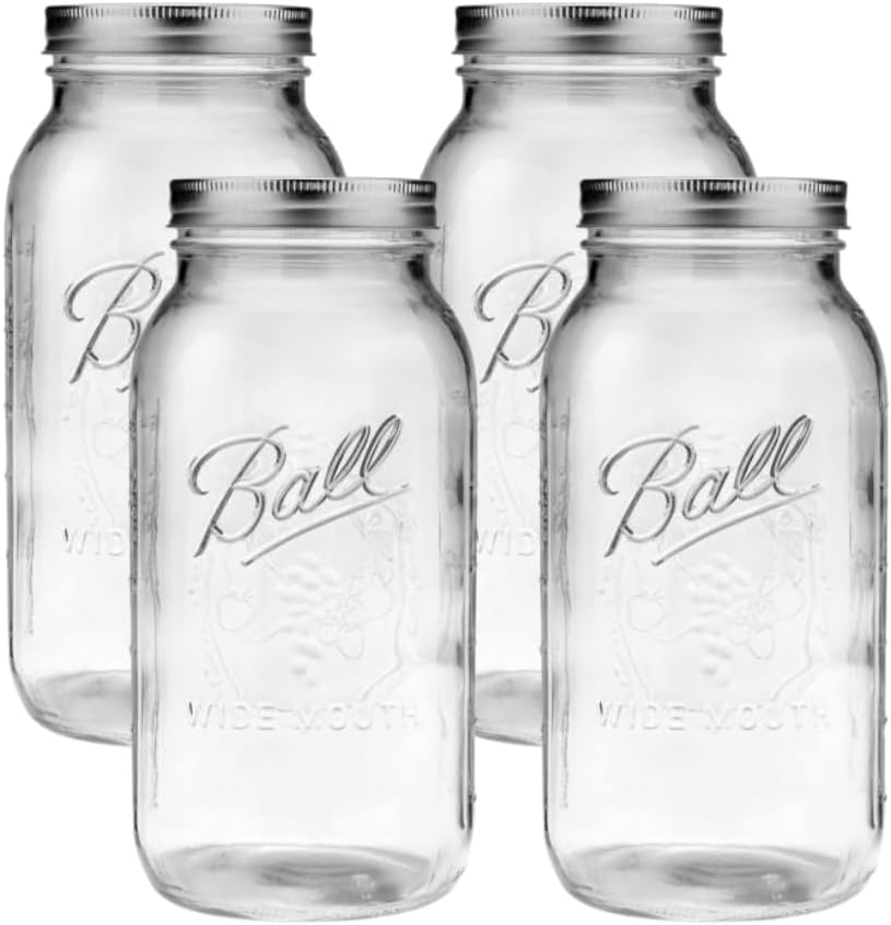Ball Wide Mouth Glass Mason Jars with Lids and Bands, Used for Canning, Pickling, Juice, Jam, Jelly, Half Gallon Size 64 Ounce (Pack of 4)