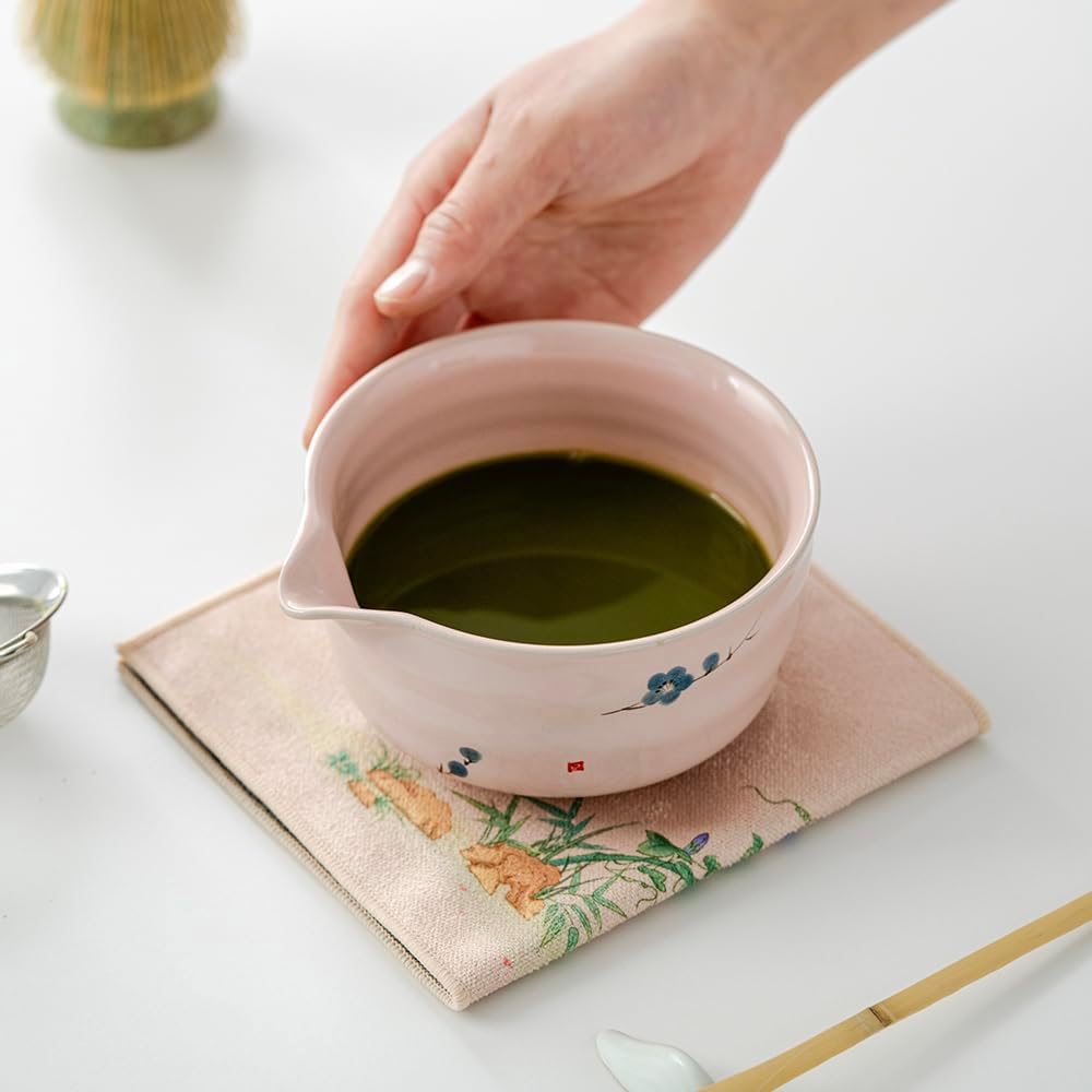 matcha whisk set,matcha set, including matcha bowl, matcha whisk and stand, sieve, spoon, cloth mat, gift for matcha lovers (pink)
