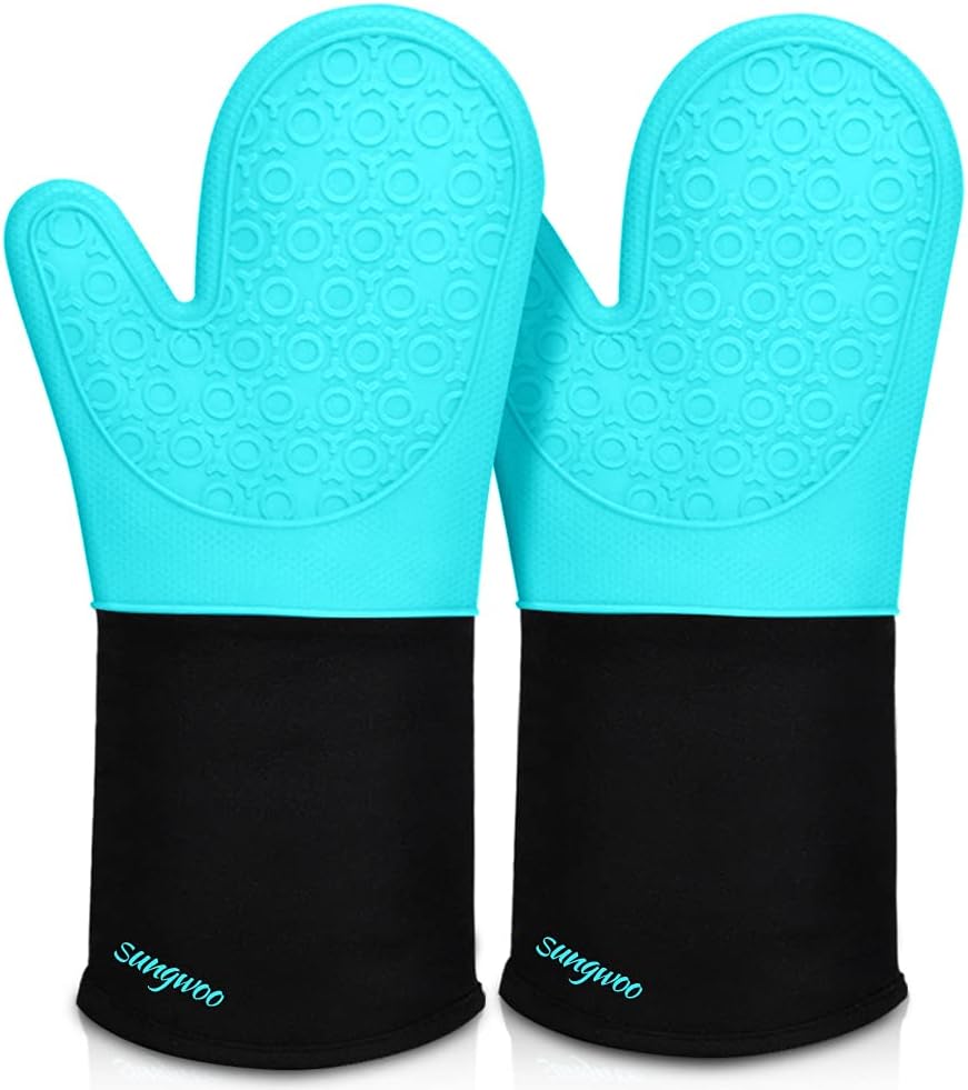 sungwoo Extra Long Silicone Oven Mitts, Heat Resistant Oven Gloves with Quilted Liner Non-Slip Textured Grip Perfect for BBQ, Baking, Cooking and Grilling - 1 Pair 14.6 Inch Turquoise & Black
