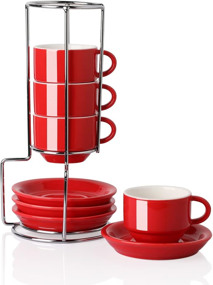 Sweejar Porcelain Espresso Cups with Saucers, 2.5 Ounce Stackable Cappuccino Cups with Metal Stand for Coffee Drinks, Latte, Tea - Set of 4 (Red)