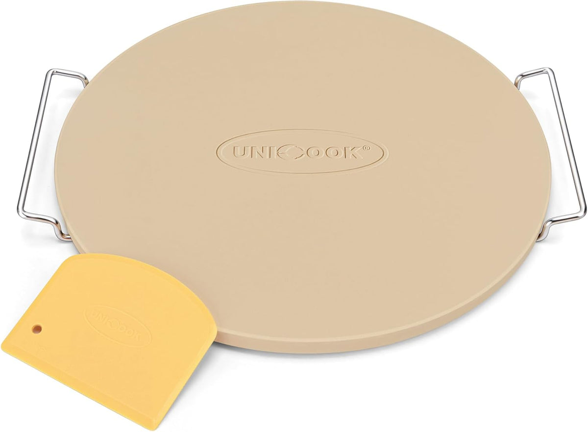 Unicook Round Pizza Stone for Oven and Grill 16 Inch, Oven Baking Stone for Bread, Cordierite Pizza Pan for Baking Crispy Bread and Cookies, Includes Carry Rack and Dough Scraper