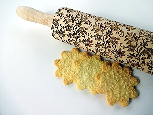 FLORAL WREATH Embossing Rolling Pin with Flowers Pattern. Dough and Clay Roller for Embossed Cookies and Pottery. Cookie and Ceramic Stamp. Backing Gifts for Women by Algis Crafts