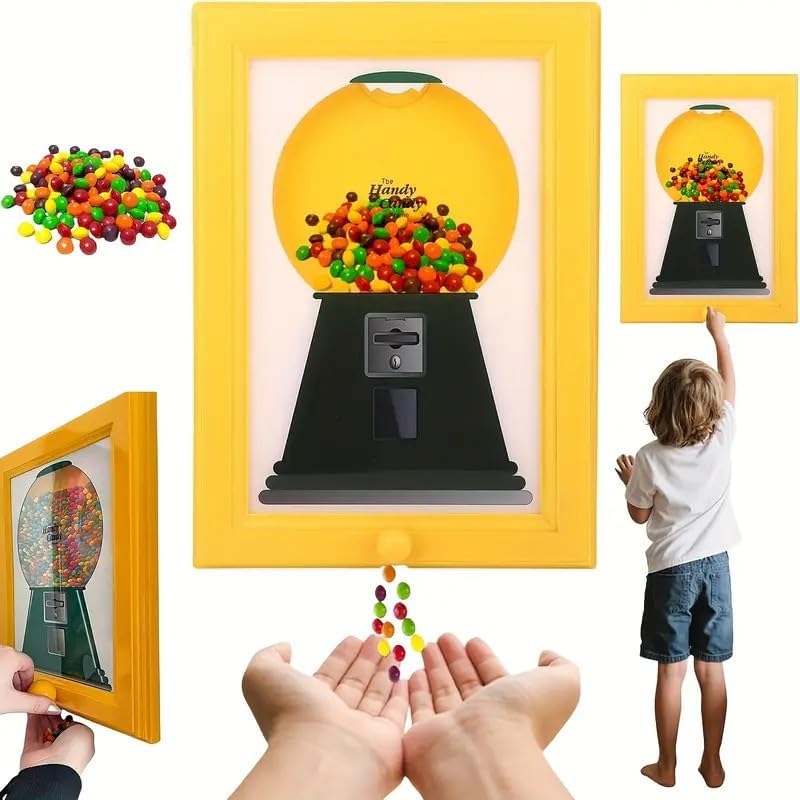 Candy Dispenser Picture Frame, Handy Candy Frame Dispenser,Hanging Machine Art For Candies, Nuts, Dog & Cat Treats, Suitable for Holiday Gifts (Yellow)