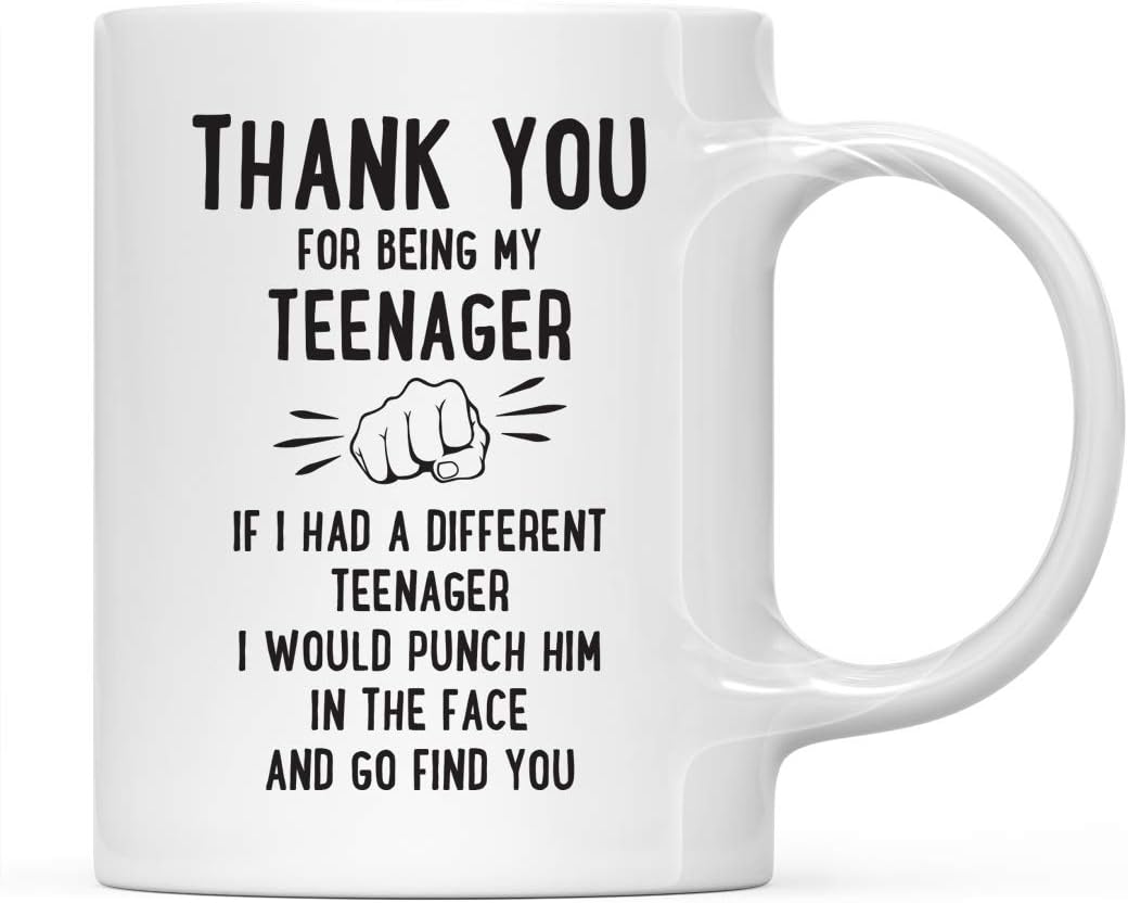 Andaz Press Funny Family 11oz. Coffee Mug Gift, Thank You for Being My Teenager, Punch in Face, 1-Pack, Christmas Birthday Drinking Cup Present Ideas