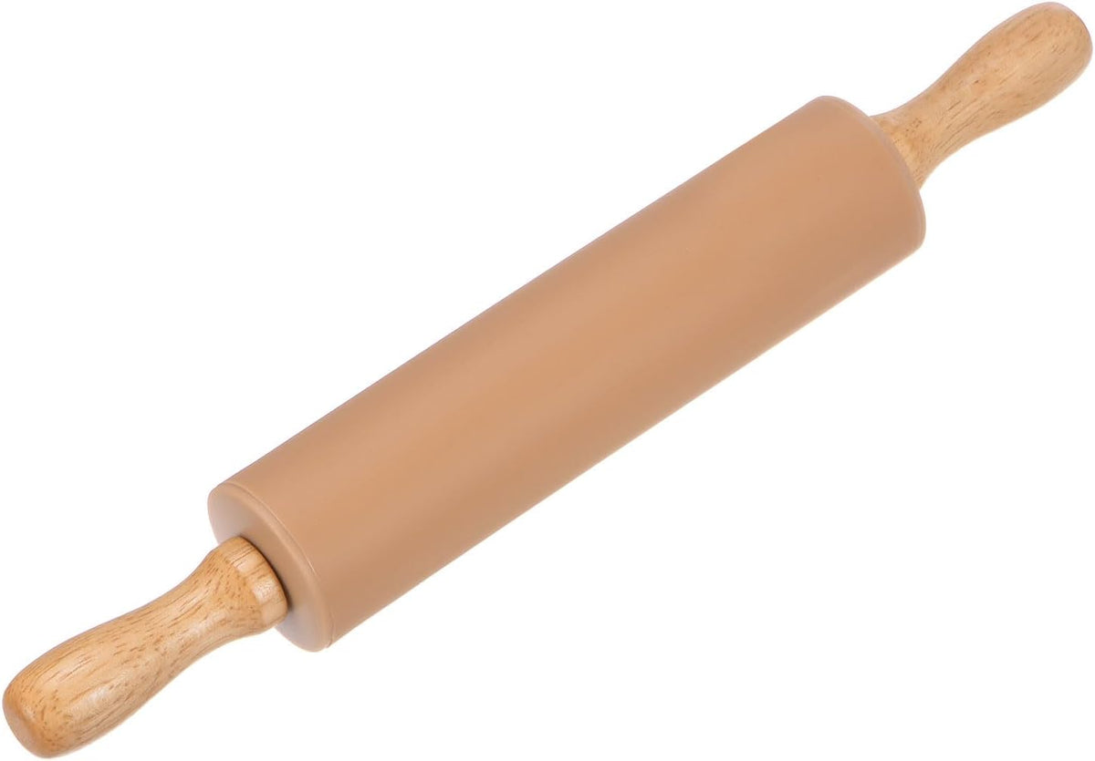 HARFINGTON Silicone Rolling Pins for Baking 12.2 Inch Non-Stick Silicone Surface Wooden Handle Rolling Pin Small Roller Playdough Rolling Pins for Fondant Kitchen Dough Pizza, Brown