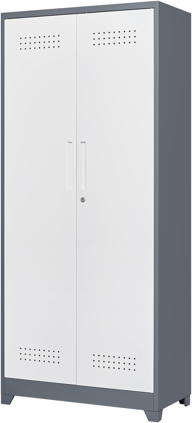 FLEXIMOUNTS 73'' Tall Metal Storage Cabinet with Locking Door, Large Cleaning Tool Organizer for Brooms, Garage, Laundry Room, Bathroom, Grey-White