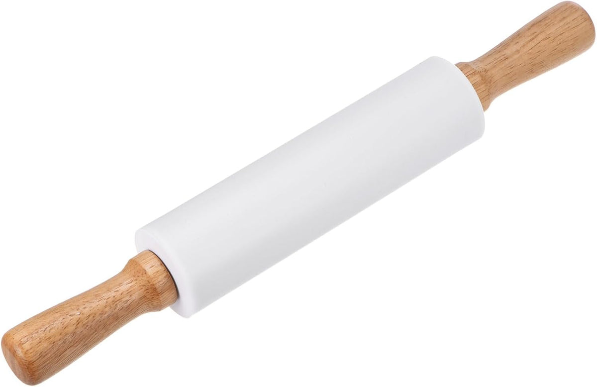 HARFINGTON Silicone Rolling Pins for Baking 14.96 Inch Non-Stick Silicone Surface Wooden Handle Rolling Pin Small Roller Playdough Rolling Pins for Fondant Kitchen Dough Pizza, White