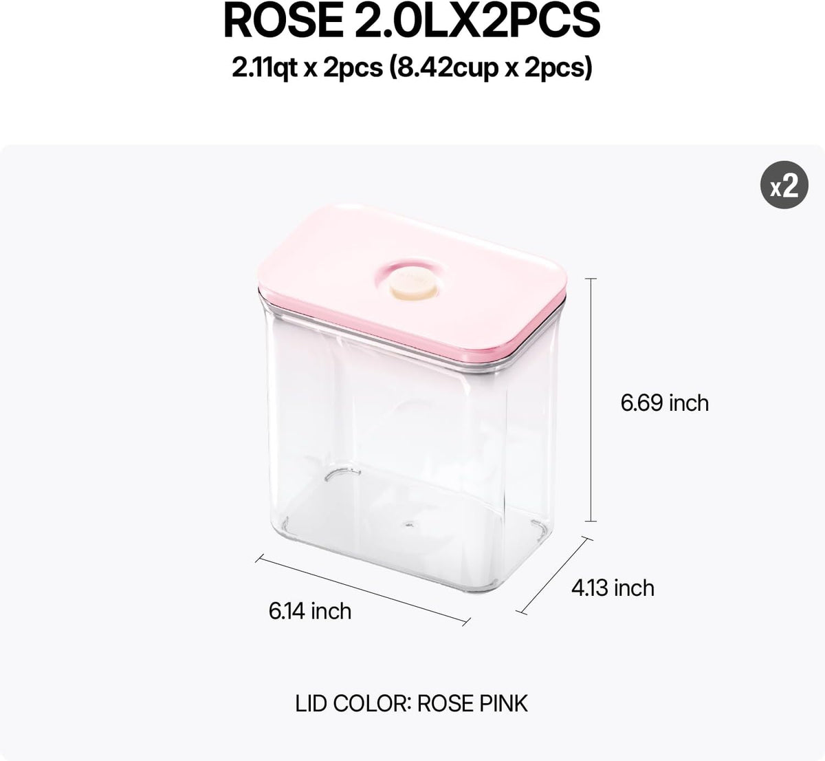 Premium Airtight Food Storage Containers ROSE 2.0L(2.11qt) 2P/SET, Patented Double Silicone Lining, 100% Leak Proof, BPA-FREE