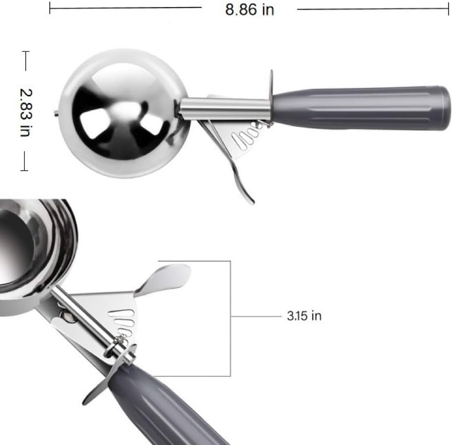 Commercial-Grade Ice Cream Scooper 4 oz, 18/8 Stainless Steel Cookie Scoop with Plastic Handle, Portion Control Disher Scoop for Bakeries, Restaurants & Dessert Shops, #8, Grey