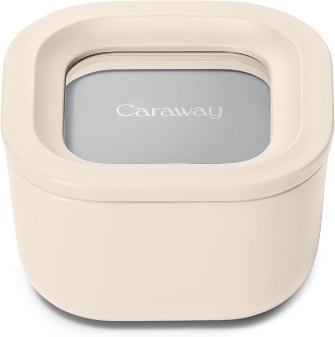 Caraway Mini Square Food Storage Container - 1.75 Cup Glass Storage Container for Food - Non-Toxic Ceramic-Coated Glass - Air Release Technology - Compact & Stackable Design - Cream