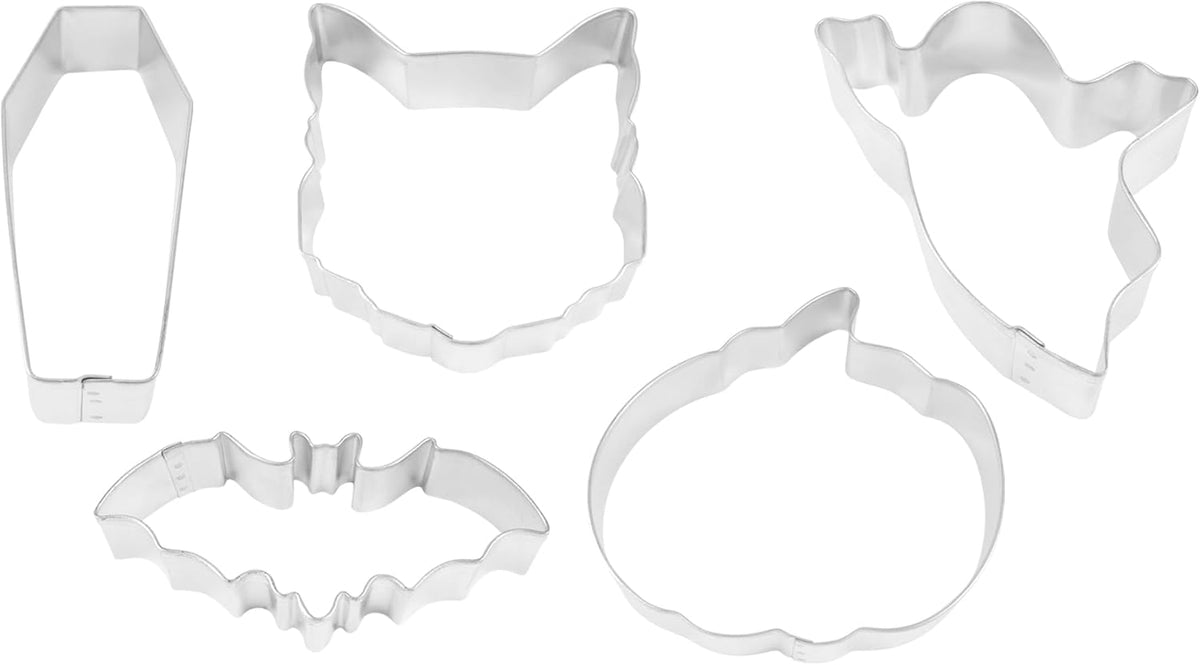 R&M Halloween Cookie Cutter 5 Piece Gift Set. Includes Bat, Ghost, Coffen, Cat and Pumpkin Cookie Cutter