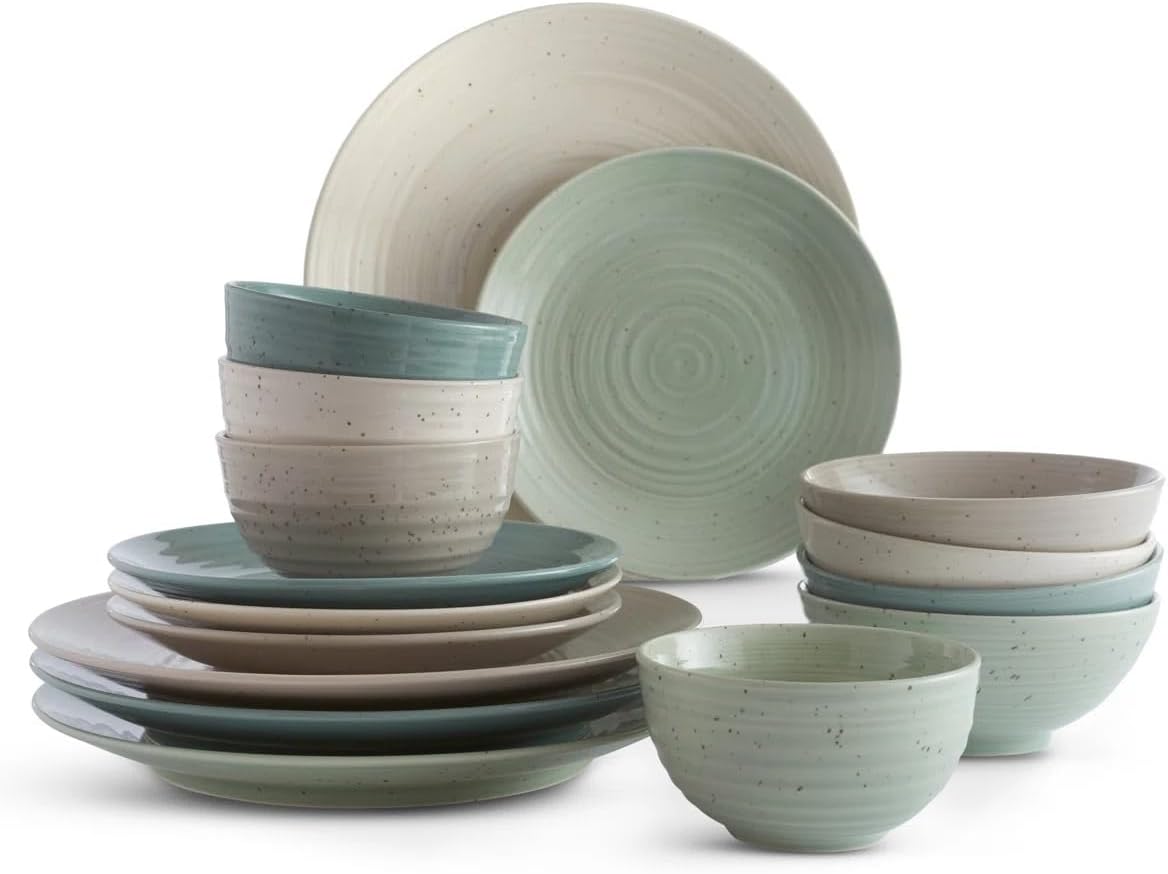 Sango Siterra Artist's Blend 16-Piece Stoneware Dinnerware Set – Service for 4, Mixed Glossy Finish with Unique Speckled Design, for Everyday Dining & Entertainment, Dishwasher & Microwave Safe