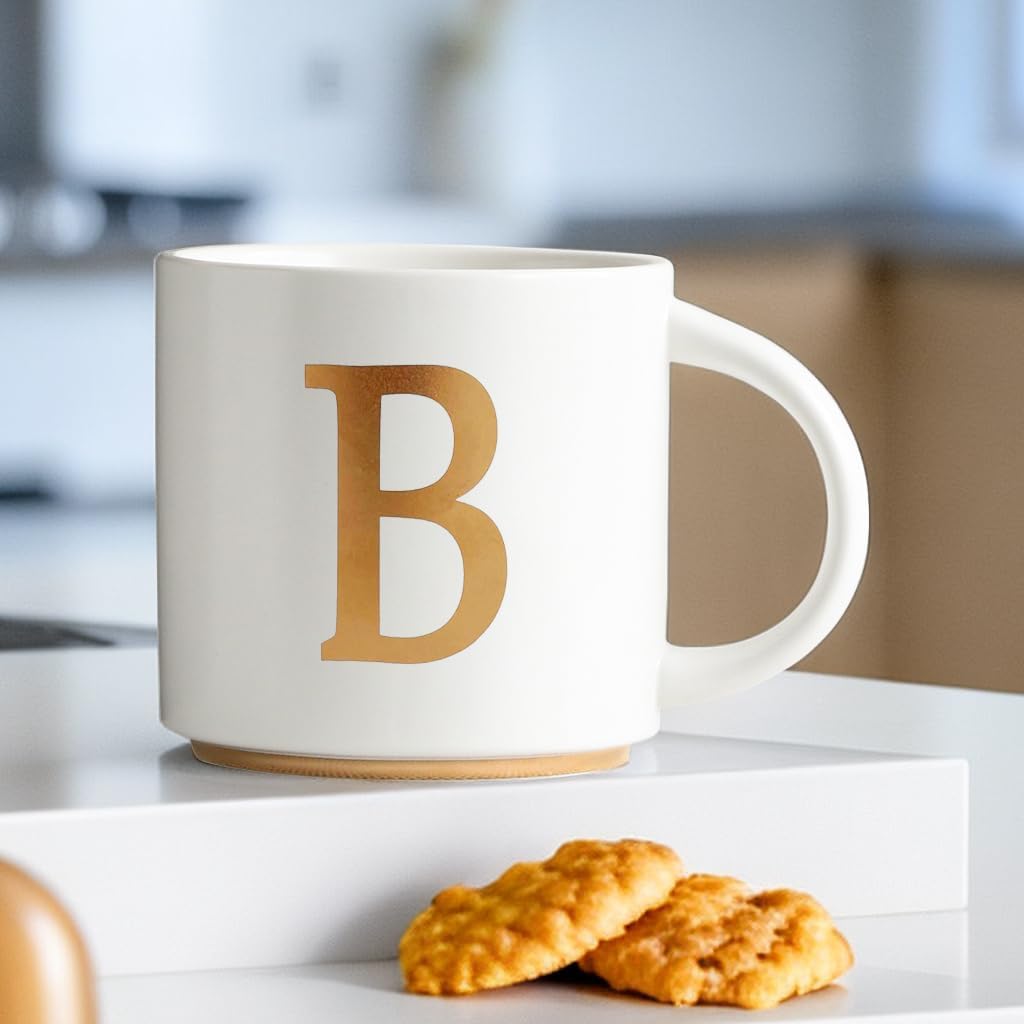 COLLECTIVE HOME - Monogram Ceramic Mugs, 15 oz Golden Initial Coffee Cups, Elegant Alphabet Tea Mugs, Elegant Personalized Mug with Gift Box, Unique Mug with Double Side Capital Letter (B)