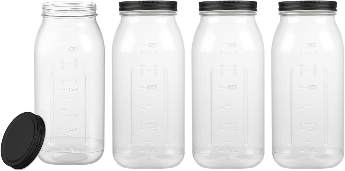 novelinks 64 oz Large Plastic Jars with Metal Lids - 4 Pack BPA-Free Clear Storage Containers for Pantry, Pickles, Sauces, Flour, Snacks - Leak-Proof Airtight Food Grade Jars for Kitchen (Black)
