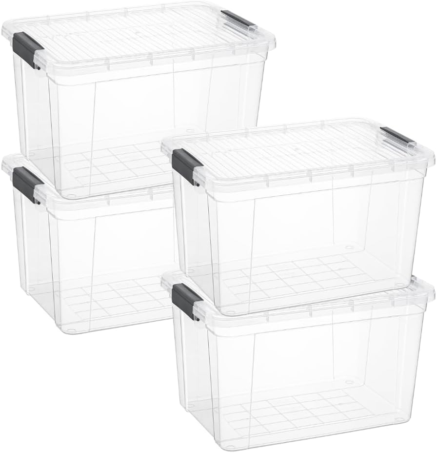 Superio Storage Bins with Lids, Clear Plastic Containers for Organizing, Stackable Totes, BPA Free, Odor Free, Organizer Boxes for Home, and Dorm (4 Pack, 14.25 Qt)
