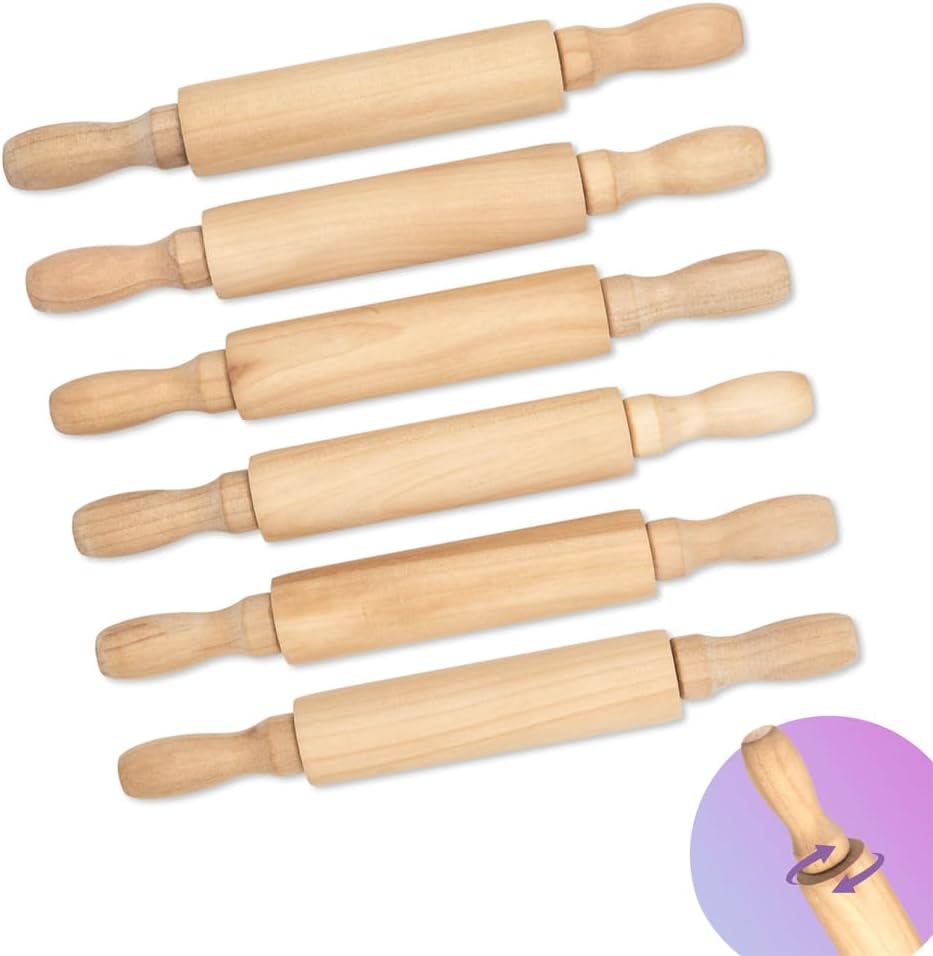 Premium Mini Rolling Pins, 8-Inch, 6-Pack – Splinter-Free, Non-Stick Hardwood for Joyful Kids’ Baking, Sensory Crafts, Play-Doh, Clay, Therapeutic Fine Motor Skill Play for Creative Young Bakers