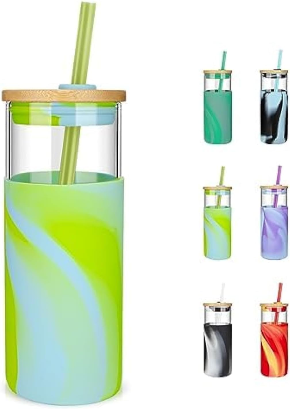 Tronco 20 oz Glass Tumbler with Straw and Lid- Glass Cup with Lid and Straw, Iced Coffee Cup Reusable, Smoothie Cups, Bamboo Lid and Protective Silicone Sleeve - BPA-Free