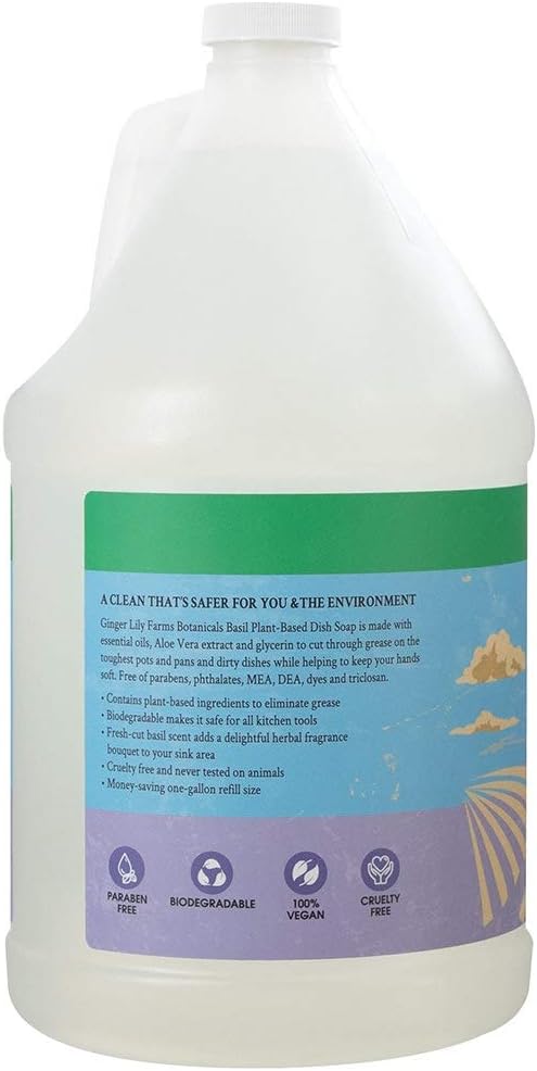 Ginger Lily Farms Botanicals Plant-Based Liquid Dish Soap, Concentrated Formula with Max Grease Cleaning Power, Cruelty-Free, Basil Scent, 1 Gallon Refill (128 Fl. Oz.) (Pack of 4)