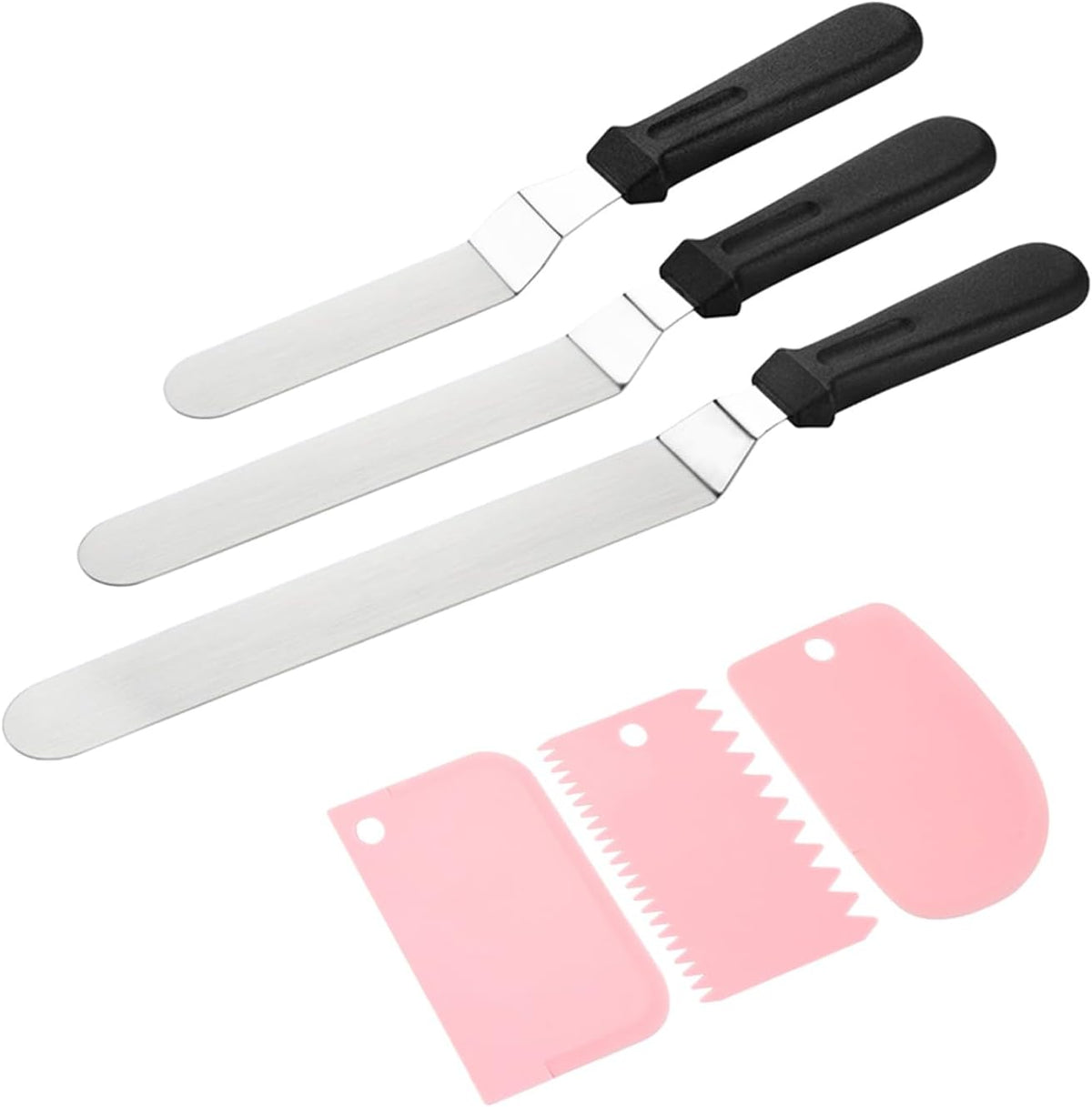 Offset Spatula Set with Pink Cake Scrapers, 3 Pack Angled Frosting Spatulas (6, 8, 10 inch) & 3 Cake Smoother Scrapers, Stainless Steel Icing Spatula for Cake Decorating, Baking & Pastry