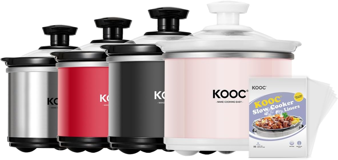 KOOC Small Slow Cooker, 0.65 Quart, Free Liners Included, Upgraded Ceramic Pot, Nutrient Loss Reduction, Sauces, Stews & Dips, Stainless Steel, Pink, Round