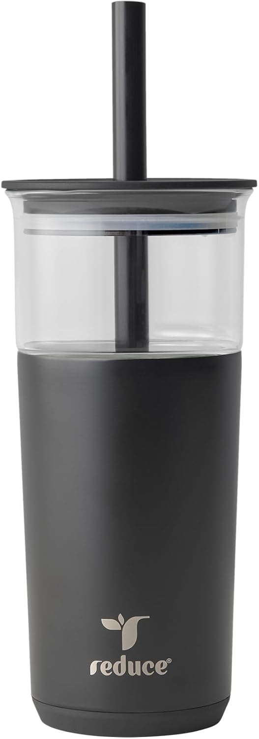 REDUCE Aspen 20 oz Vacuum Insulated Glass Tumbler with Lid & Extra Wide Straw - Keeps Drinks Cold for 12 Hrs - Ideal for Iced Coffee, Smoothies & Boba - Dishwasher Safe, Soft Base - Phantom