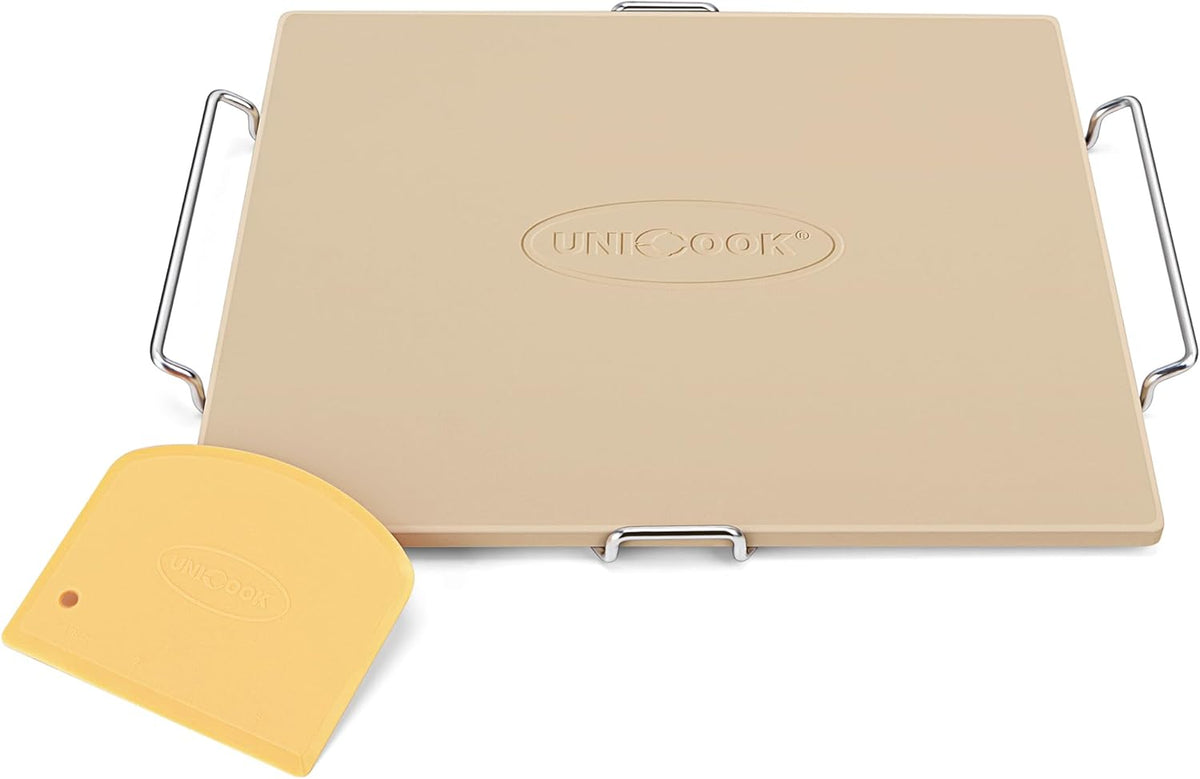 Unicook Pizza Stone for Oven and Grill, 16 x 14 Inch Rectangular Baking Stone for Bread, Cordierite Pizza Pan for Baking Crispy Bread and Cookies, Includes Carry Rack and Dough Scraper