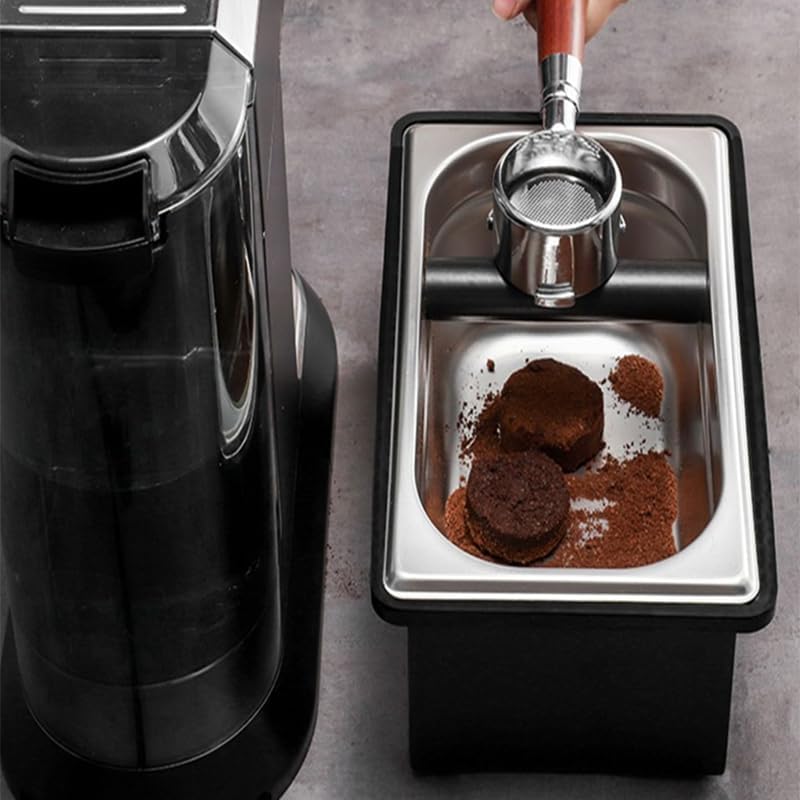 Coffee Knock Box, Stainless Steel Coffee Espresso Knock Box Coffee Grounds Bin with Noise Reduction Rubber Ring, Barista Espresso Machine Accessories (Large)