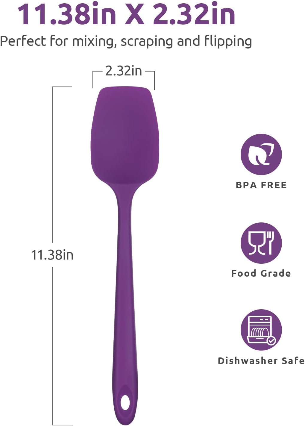 Heat Resistant Silicone Spoon Spatula: U-Taste 600ºF High Heat Flexible 11.38in Silicon Mixing Stirring Cooking Scraping Baking Bowl Scraper Seamless Spreader for Nonstick Cookware (Purple)