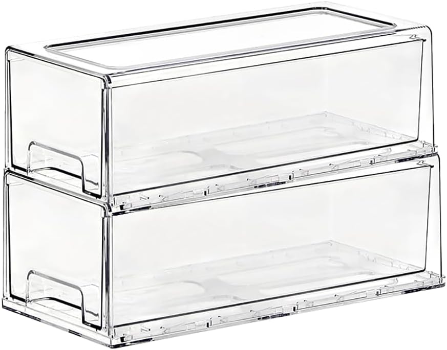 SIMPEXPE Stackable Storage Drawer, Pull Out Plastic Food Fridge Organizer Bins for Pantry Shelf Refrigerator Organization Kitchen Bathroom Cabinet Closet Office Clear -2Pack
