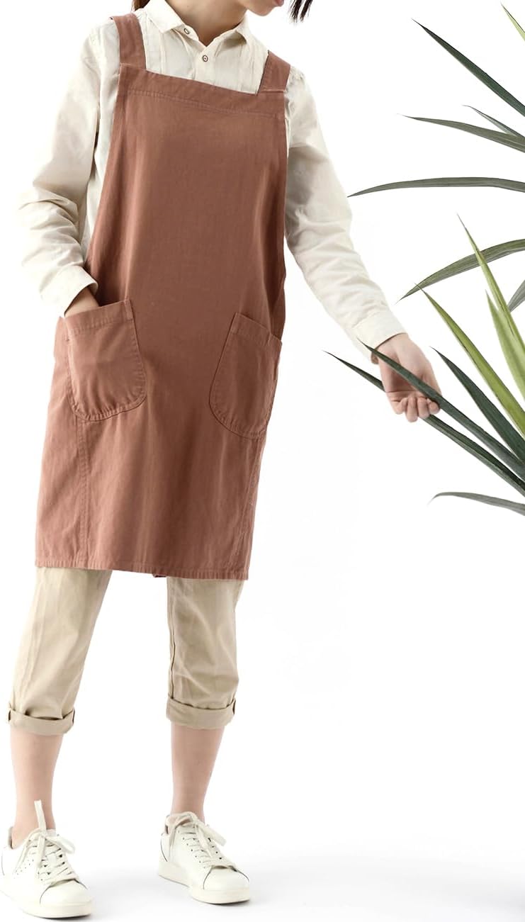 Soft Cotton Linen Apron for Women - Non-tie Cross Back Apron with Pockets, Great for Florist and Kitchen