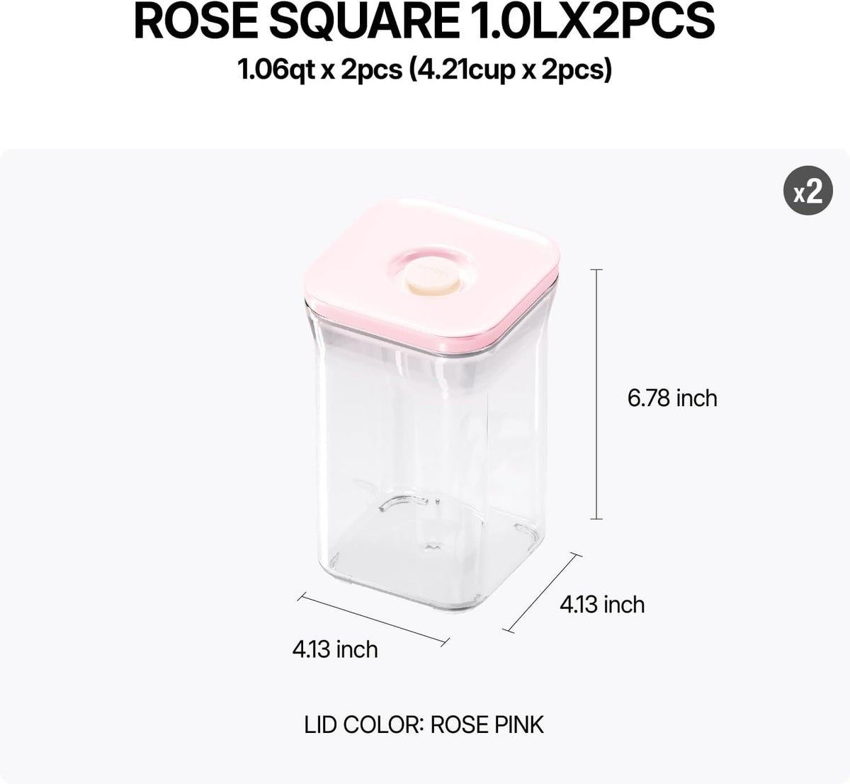Premium Airtight Food Storage Containers ROSE Pink Lid, 1.0L(1.06qt) x2pcs Container. Patented Double Silicone Lining, 100% Leak Proof, BPA-FREE