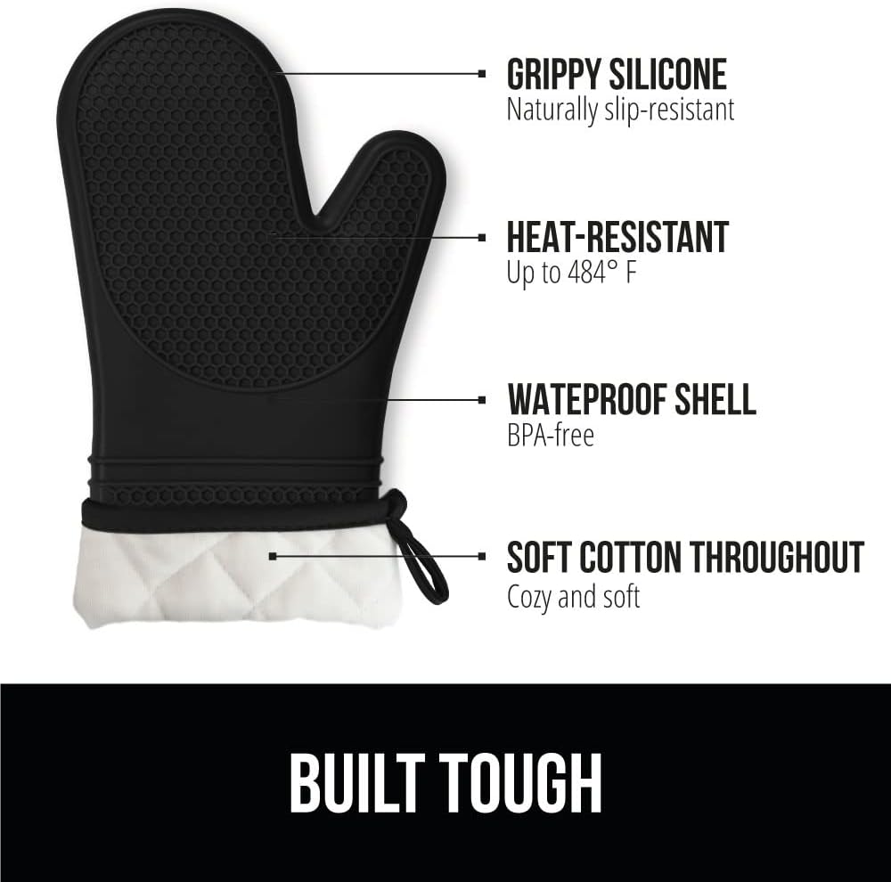 GORILLA GRIP BPA-Free Soft Silicone Oven Mitts, 14.5x8.3, Heat Resistant and Waterproof Cooking Gloves, Thick Cotton Lining, Flexible Gripping for Baking Grilling, Kitchen Potholders Set of 2, Black
