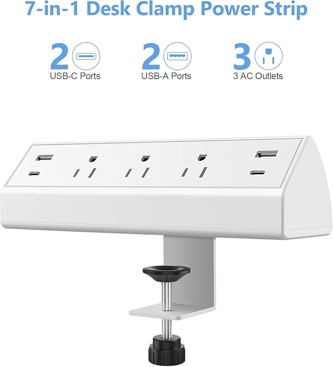Jgstkcity Desk Clamp Power Strip,40W Total Fast Charging Station,2 PD 20W USB C Ports,Desk Edge Mount Surge Protector for Home, Office,3 Outlets,Fit 1.96" Tabletop Edge,ETL Listed,White