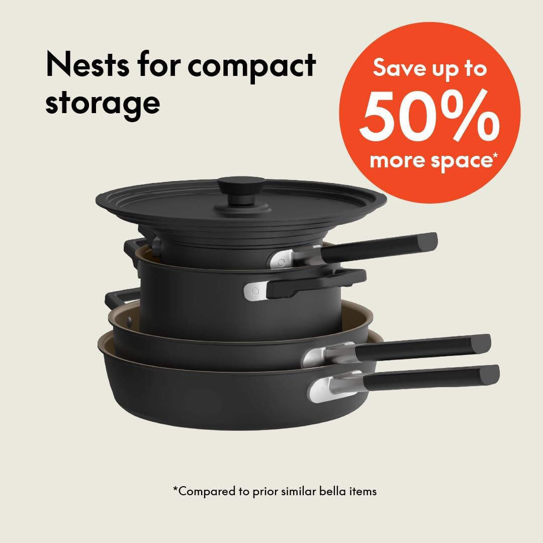 bella 9 Piece Ceramic Nonstick Cookware Set, Fits-anywhere™ Kitchenware w EverGood™ Coating, Dishwasher & Oven Safe, All Stovetops Compatible, Stackable Design, Cool Touch Handles, Black